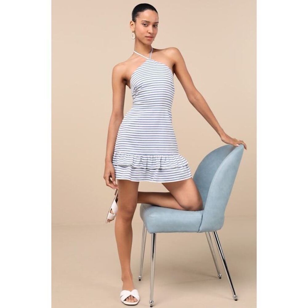 Corilie Blue And White Striped Halter Mini Dress - Size L